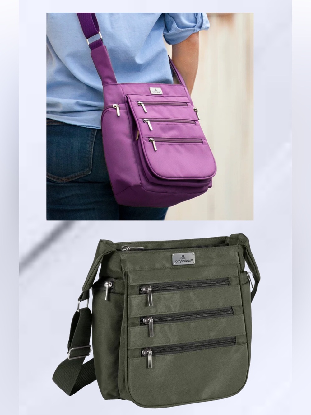 Organized Gray Crossbody Messenger Bag with Multiple Zip Pockets